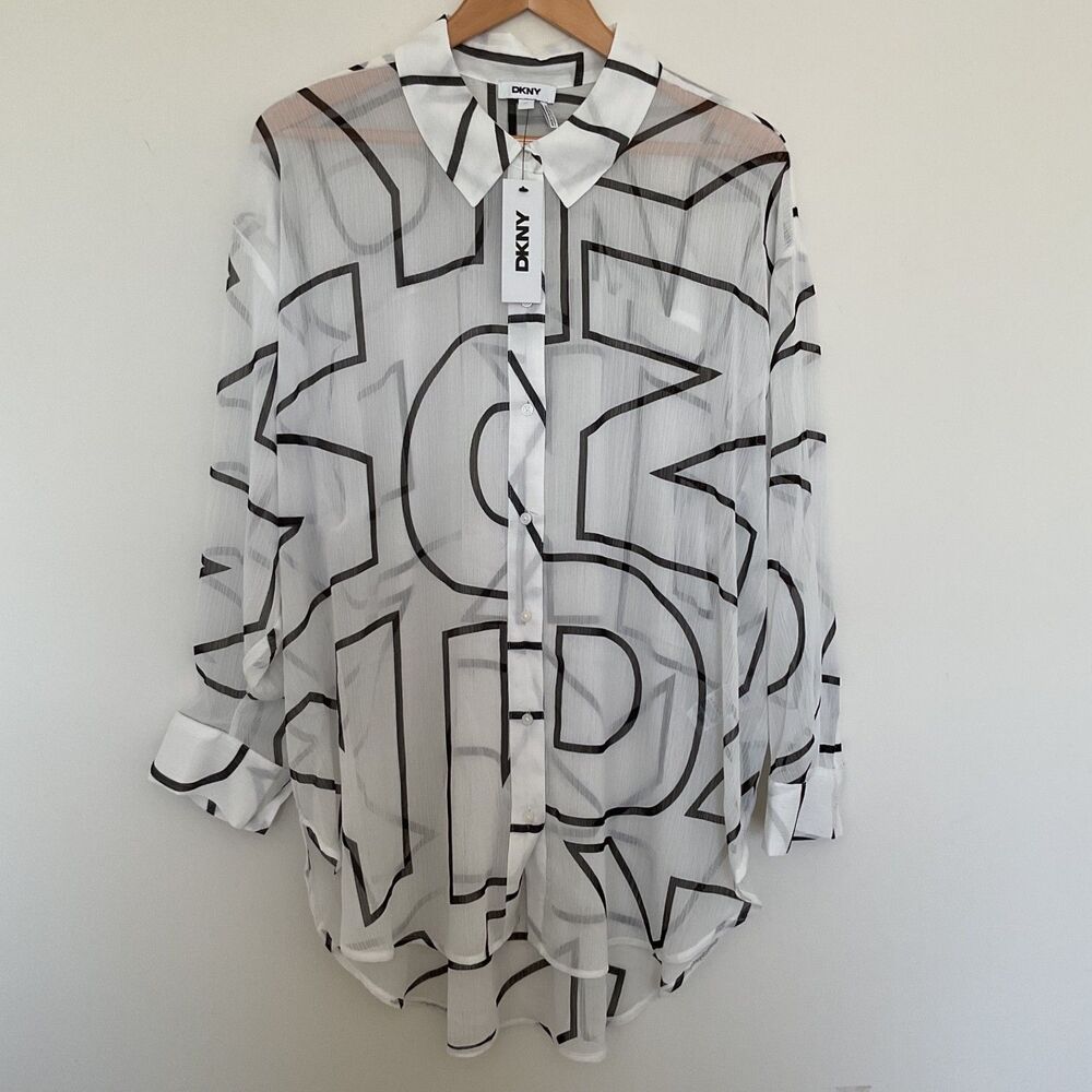 DKNY Logo Print Sheer Button Up Chiffon Shirt Top 1X White Black Whimsy Coastal